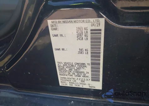2019 Nissan Altima 2.5 Sl from USA, damaged, VIN 1N4BL4EV7KC222537